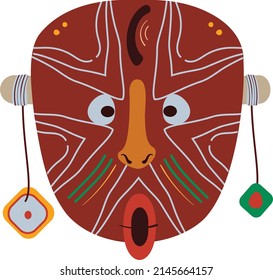 Wooden african evil mask with horns in flat naive style. Cartoon vector illustration