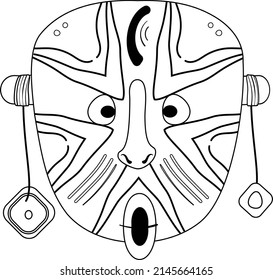 Wooden african evil mask with horns. Coloring page. Cartoon vector illustration