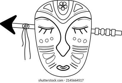 Wooden african mask with an arrow piercing the head. Coloring page. Cartoon vector illustration