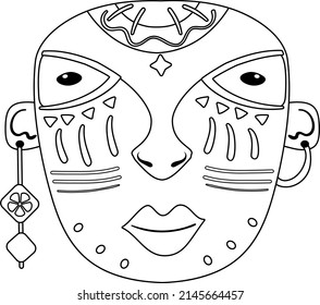 Wooden african mask. Coloring page. Cartoon vector illustration