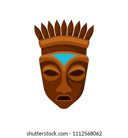 Wooden African mask decorated with crown. Symbol of ethnic tribal. Flat vector element for mobile game or advertising flyer