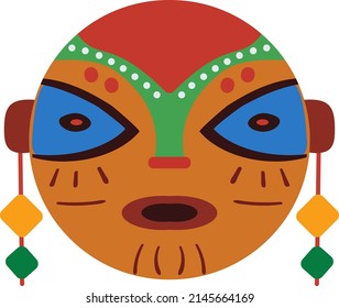 Wooden african mask with decoration in flat naive style. Cartoon vector illustration