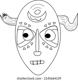 Wooden african mask with horns. Coloring page. Cartoon vector illustration