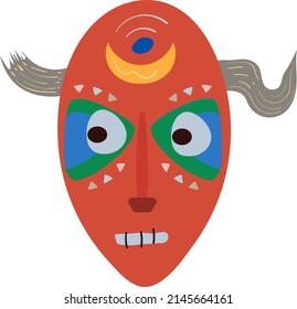Wooden african mask with horns in flat naive style. Cartoon vector illustration