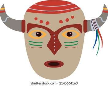 Wooden african mask with horns in flat naive style. Cartoon vector illustration