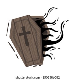 Wooden ajar coffin. Vector illustration on a white background.