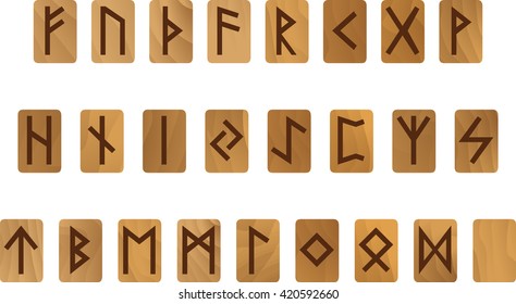 Wooden alphabet with ancient Old Norse runes Futhark Set of scandinavian and germanic letters