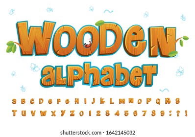 Wooden alphabet in cartoon style on white background vector illustration. Set of wooden capital letters and numbers cartoon style. Ant sitting on letter. Education concept