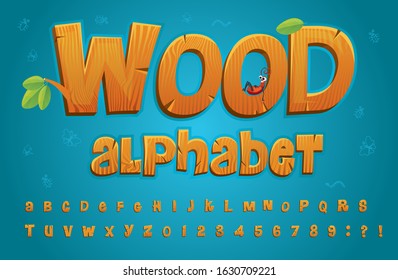 Wooden alphabet in cartoon style with set of letters vector illustration. Collection of numbers and capital letters for learn childish style design. Education and knowledge concept