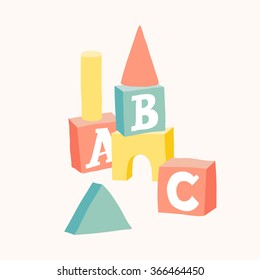 Wooden alphabet cubes with A,B,C letters. Blocks castle set. Isolated vector eps 10 illustration on white background.