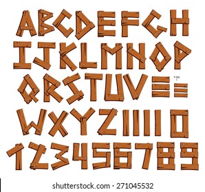Wooden alphabet and digits, vector font.