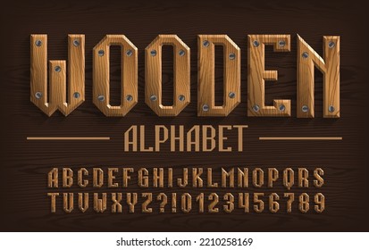 Wooden Alphabet Font. Beveled Letters And Numbers. Stock Vector Typescript For Your Design.