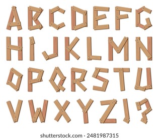 Wooden alphabet font set, A to Z. Texture letters isolated on white, vector illustration. Typography typeface made of wooden planks