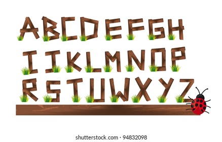 wooden alphabet with grass and ladybird, Vector Illustration