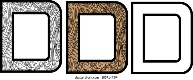 Wooden alphabet letter D color and black and white. Vector illustration