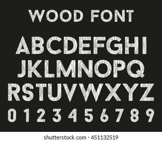 Wooden Alphabet With Letters And Numbers. Vector Font In Wood Style.