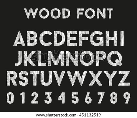 Wooden alphabet with letters and numbers. Vector font in wood style.