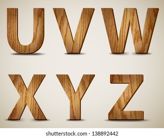 Wooden Alphabet Letters U, V, W, X, Y, Z. Vector