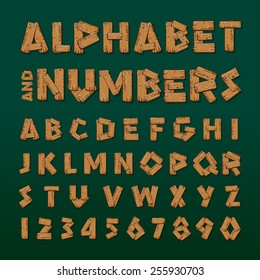 Wooden alphabet and numbers, vector illustration.