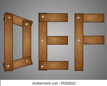 Wooden alphabet. Sketchy letters D, E, F. Vector illustration.