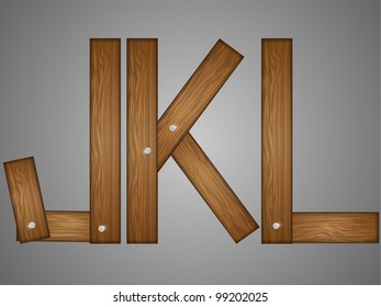 Wooden alphabet. Sketchy letters J, K, L. Vector illustration.