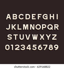Wooden Alphabet Vector Font. Type letters and numbers. Chiseled block typeface for your design.