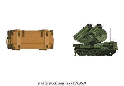 Wooden ammunition crate and missile system vehicle vector set.