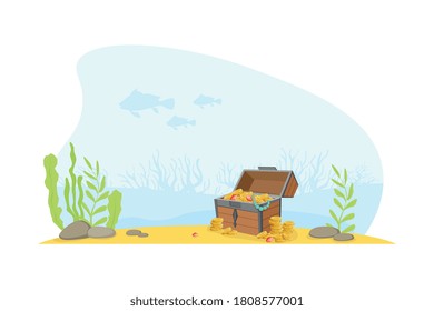 Wooden Ancient Chest of Gold at the Bottom of the Sea, Lost Pirate Treasures Cartoon Vector Illustration