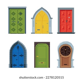 Wooden ancient and classic closed front doors set. Entries to apartments, houses and buildings set cartoon vector illustration