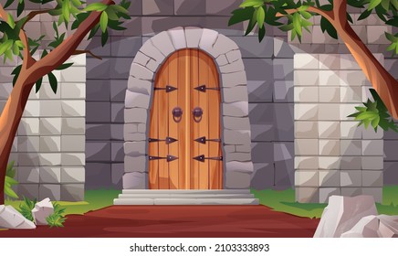 Wooden ancient medieval castle door with brick wall, stones and trees. Cartoon vector illustration for 2d game.