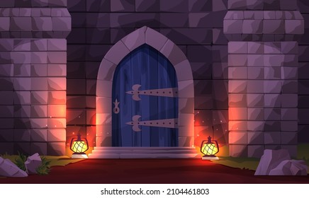 Wooden ancient medieval castle door with brick wall, stones and two street lights. Night scene. Cartoon vector illustration for 2d game.