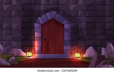 Wooden ancient medieval castle door with brick wall, stones and two street lights. Night scene. Cartoon vector illustration for 2d game.