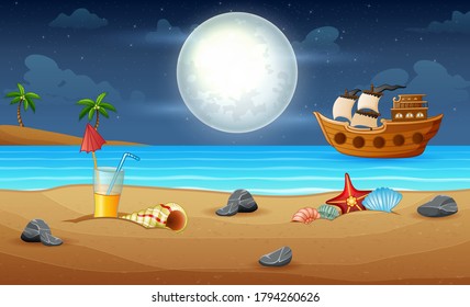 Wooden ancient ship sailing at night