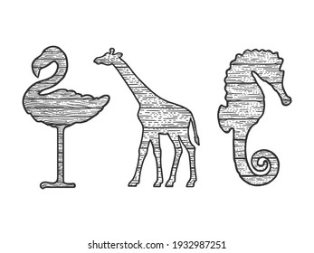 wooden animals set flamingo giraffe seahorse silhouette sketch engraving vector illustration. T-shirt apparel print design. Scratch board imitation. Black and white hand drawn image.