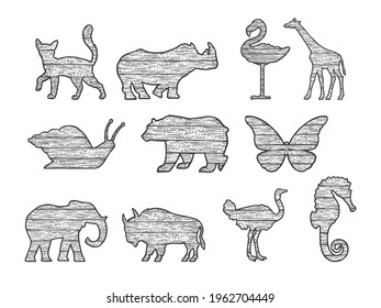 wooden animals silhouette set sketch engraving vector illustration. T-shirt apparel print design. Scratch board imitation. Black and white hand drawn image.