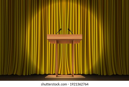 wooden announcement podium and gold curtain on the stage