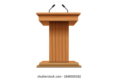 wooden announcement podium and microphone on the white background