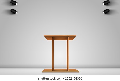 wooden announcement podium and spotlight in the white studio room