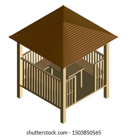 Wooden arbor with benches and a table. View isometric. 3D. Vector illustration.