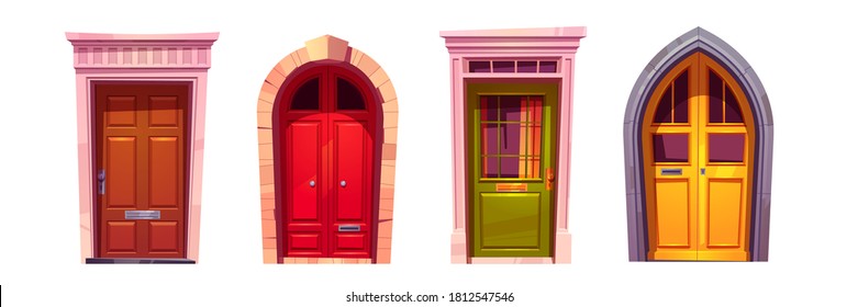 Wooden arch front doors with stone doorway isolated on white background. Vector cartoon set of house entrance, red, green and yellow closed gates with knobs and windows. Building facade elements