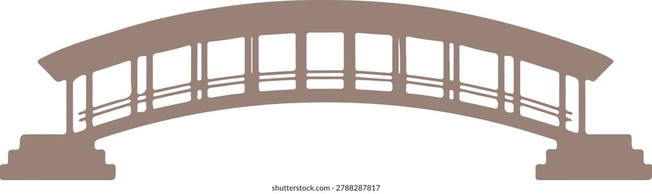 Wooden arched bridge structure over calm water in serene natural landscape