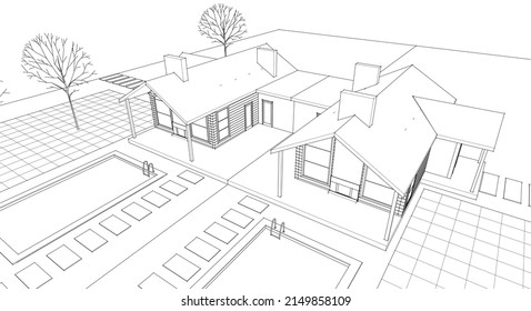 wooden architecture sketch 3d rendering