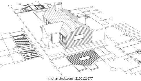 wooden architecture sketch 3d rendering