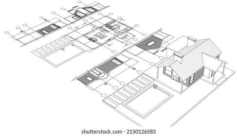 wooden architecture sketch 3d rendering