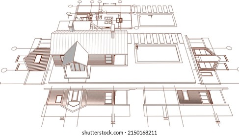 wooden architecture sketch 3d rendering