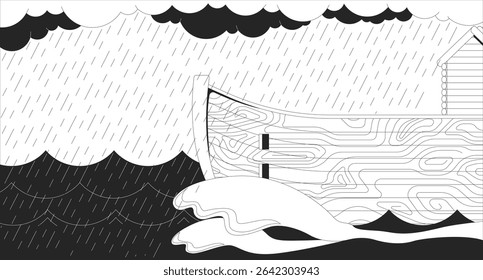 Wooden ark floating on choppy waves in rainstorm line illustration backdrop. Biblical flood. Storm clouds and rainfall, ancient boat ship sailing 2D ink outline monochrome background. Lineart vector