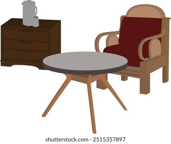 Cadeira de braço de madeira e uma mesa redonda de madeira com uma ilustração de vetor de almirah de madeira. Móveis de sala de desenho isolados sobre fundo branco