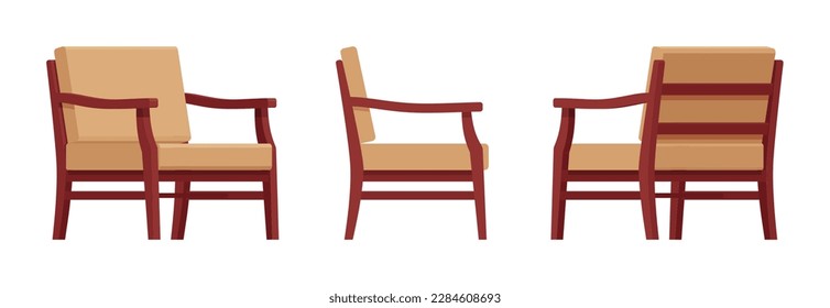 Wooden armchair with brown cushions, lounge chair set. Living room, study, garden, outdoor. Vector flat style cartoon home, office furniture articles isolated, white background front, side, rear view