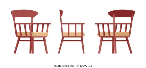 Wooden armchair, living room, patio bistro brown set. Garden, balcony, terrace lounge zone, outdoor cozy seating. Vector flat style cartoon home, office furniture objects isolated on white background