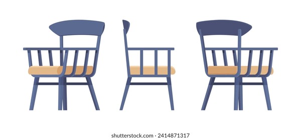 Wooden armchair, living room, patio bistro blue set. Garden, balcony, terrace lounge zone, outdoor cozy seating. Vector flat style cartoon home, office furniture objects isolated on white background